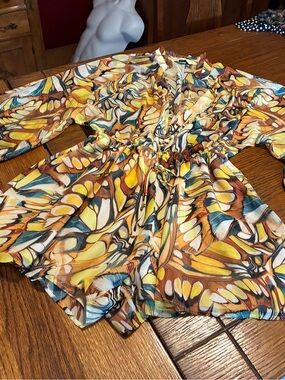 Marciano Multicolor Abstract Print V-Neck Tunic — Yellow, Blue, Brown